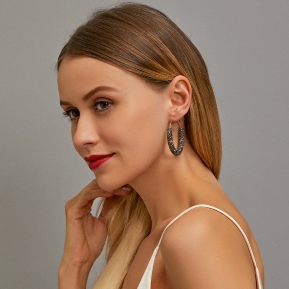 (Gray) Retro Rhinestone hoop earrings